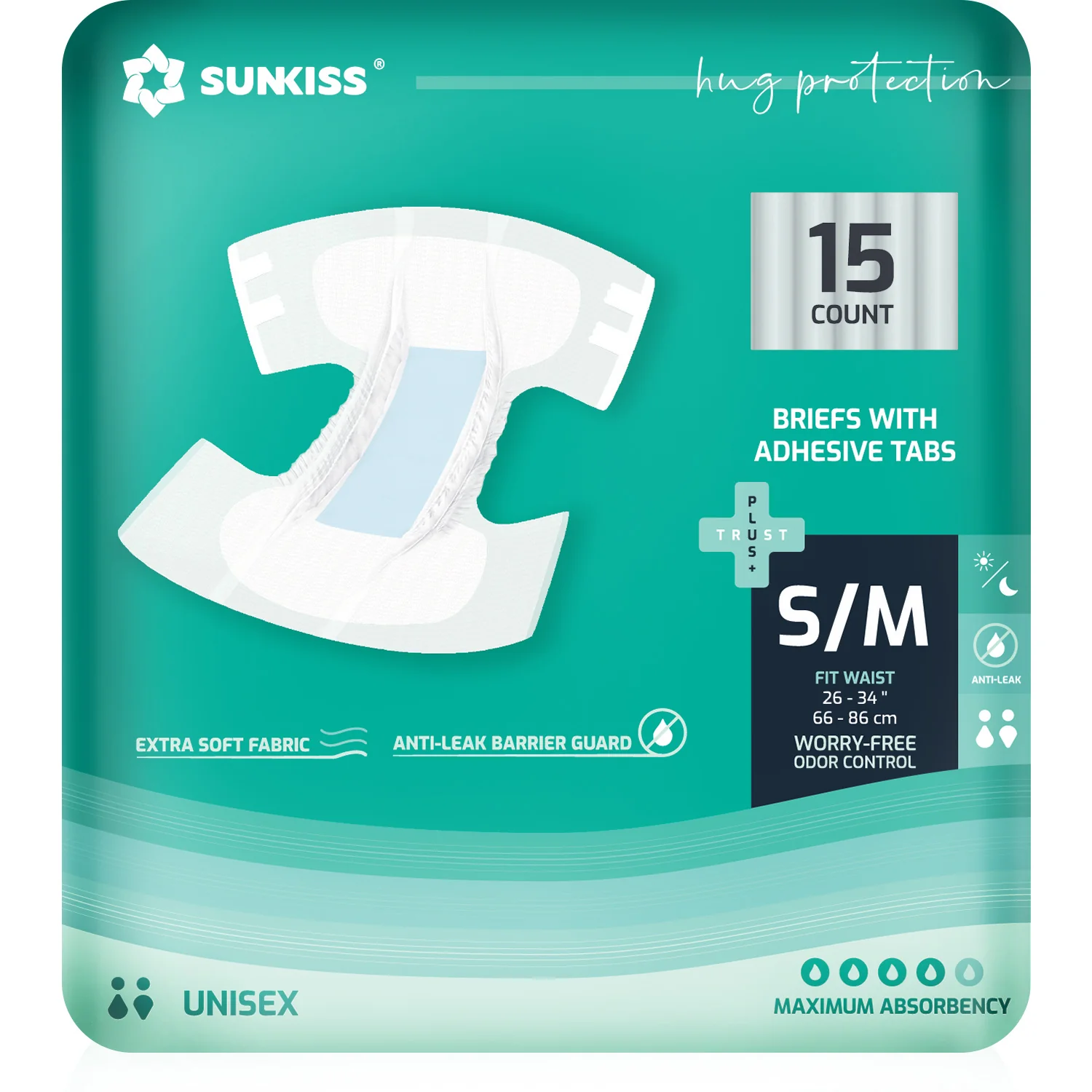 Sunkiss Adult Diapers S/M Size 15pcs - (Waist Size : 66 - 86 cm)
