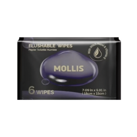 MOLLIS Flushable Wipes Pocket Travel Pack 6 Mini Packs × 6 Wipes | 18 × 15 cm