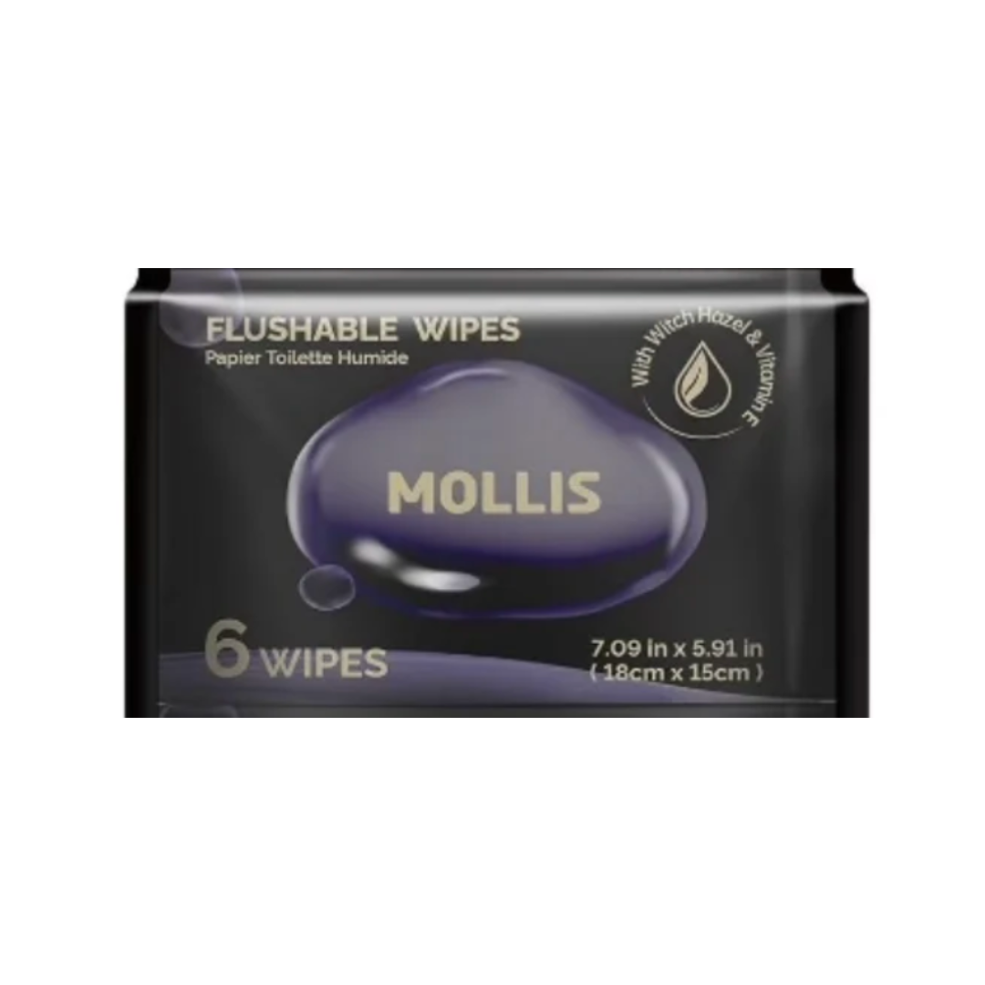 MOLLIS Flushable Wipes Pocket Travel Pack 6 Mini Packs × 6 Wipes | 18 × 15 cm