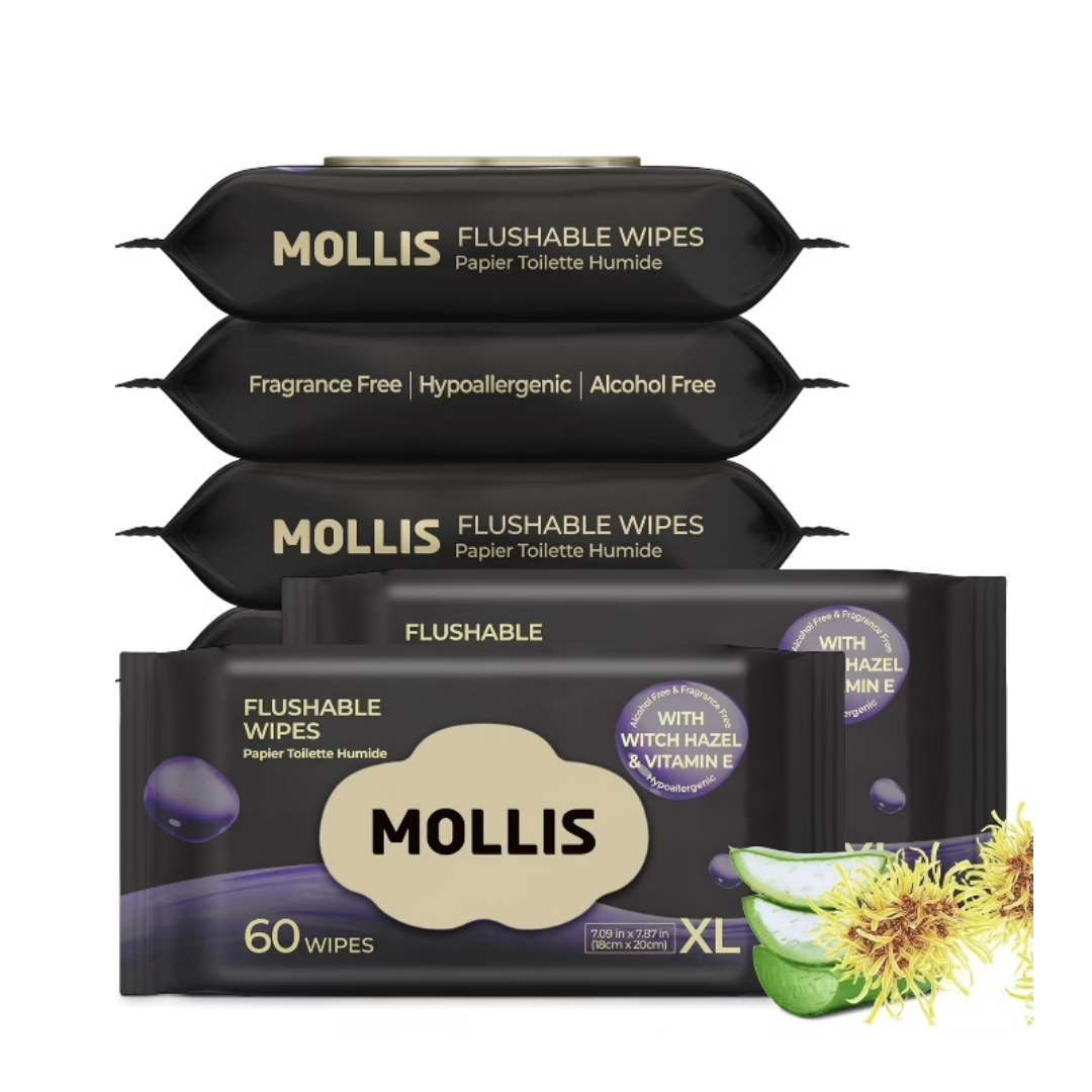 MOLLIS Flushable Wipes XL Home Pack 60 Wipes | 18 × 20 cm